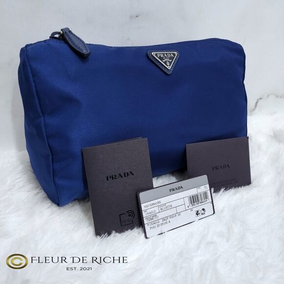Prada Necessaire Tessuto Nylon Medium Toiletry Clutch Case Blue Bleuette 1NA012 - Picture 8 of 11